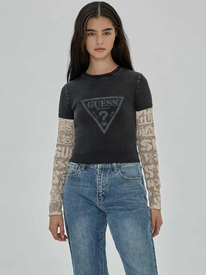 Women GUESS Tops GUESS Originals Vintage Triangle Baby Tee Jet Black Multi