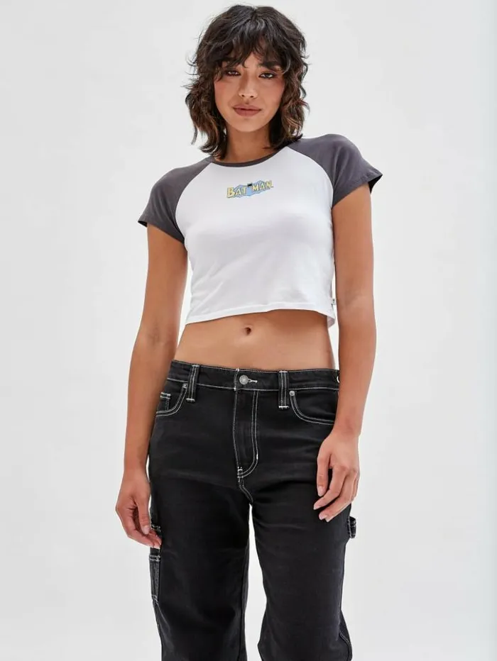 Women GUESS Tops GUESS Originals X Batman Raglan Cropped Baby Tee Pure White Multi