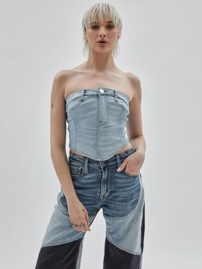 Women GUESS Tops GUESS Originals X Homeboy Upcycled Denim Bustier Upcycled Light Wash Multi Women GUESS Tops GUESS Originals X Homeboy Upcycled Denim Bustier Upcycled Light Wash Multi