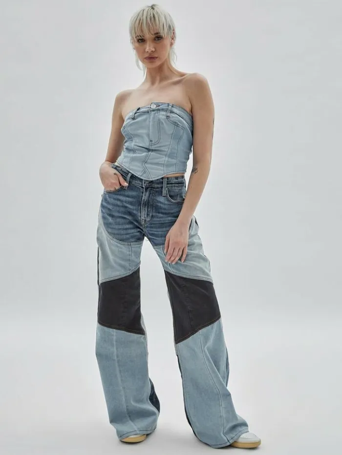 Women GUESS Tops GUESS Originals X Homeboy Upcycled Denim Bustier Upcycled Light Wash Multi Women GUESS Tops GUESS Originals X Homeboy Upcycled Denim Bustier Upcycled Light Wash Multi