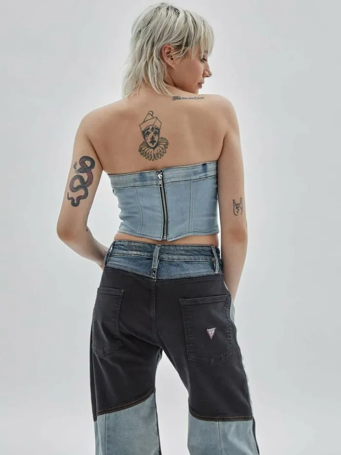 Women GUESS Tops GUESS Originals X Homeboy Upcycled Denim Bustier Upcycled Light Wash Multi Women GUESS Tops GUESS Originals X Homeboy Upcycled Denim Bustier Upcycled Light Wash Multi