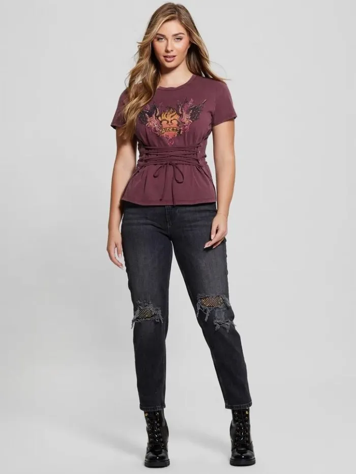 Women GUESS Tops Heart Aflame Graphic LaceUp Tee Mystic Wine Multi