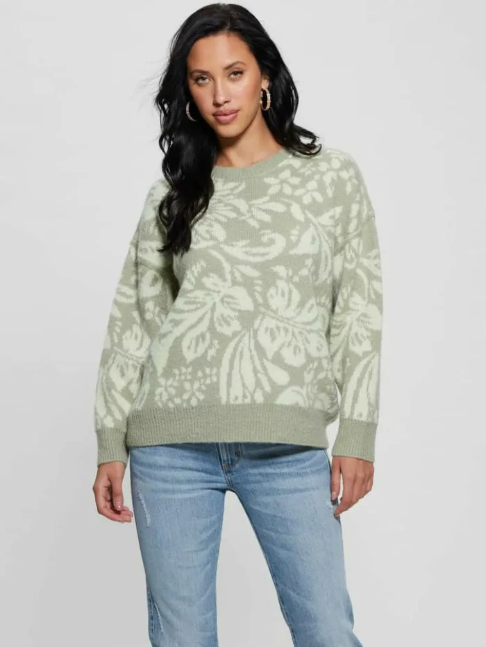 Women GUESS Tops Hibiscus WoolBlend Sweater Folk Floral Print Light M
