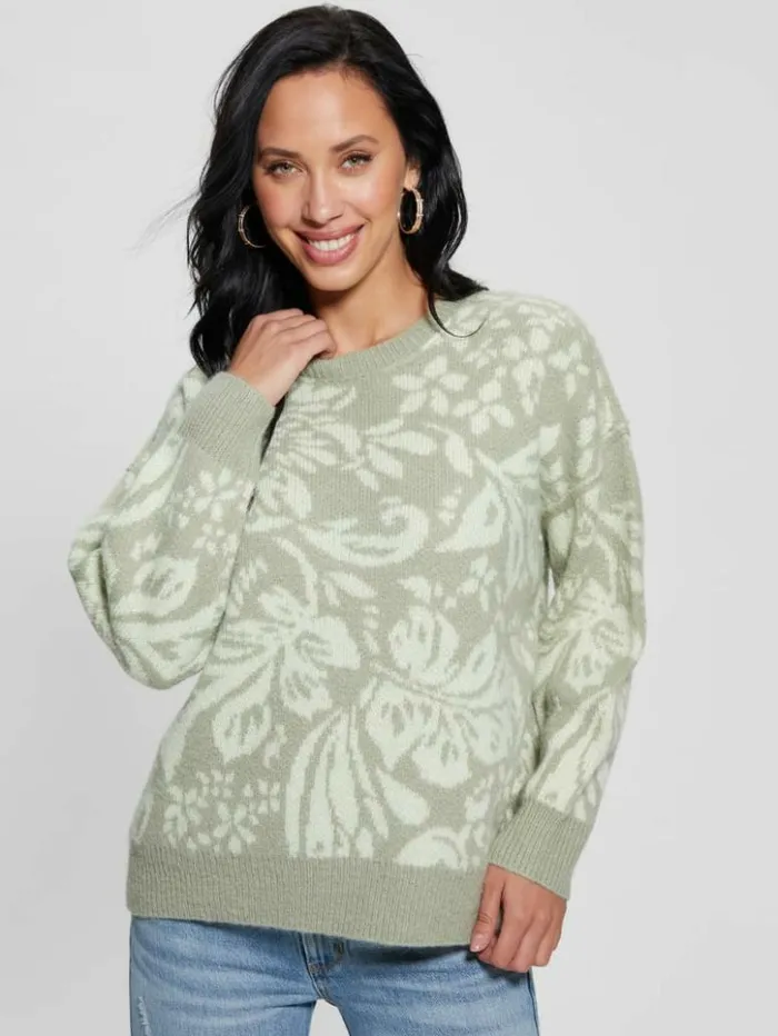 Women GUESS Tops Hibiscus WoolBlend Sweater Folk Floral Print Light M
