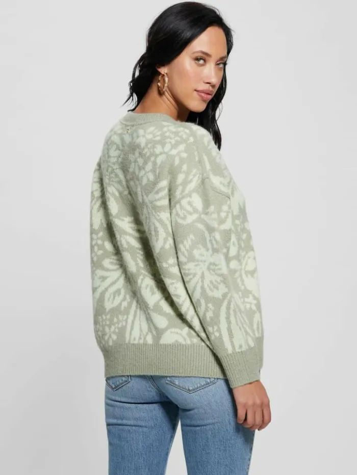 Women GUESS Tops Hibiscus WoolBlend Sweater Folk Floral Print Light M