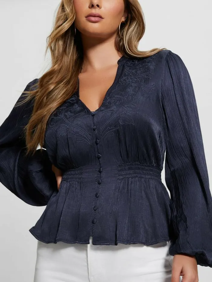 Women GUESS Tops Joie Embroidered Satin Top Blackened Blue