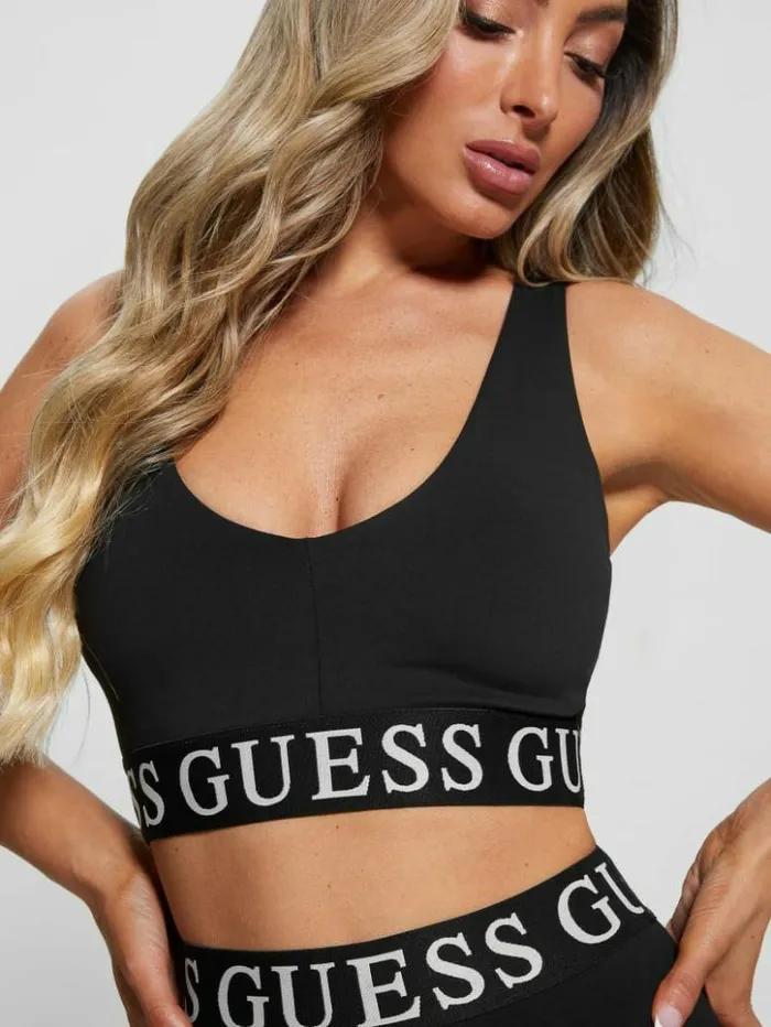 Women GUESS Tops Kiran Monogram Tape Active Crop Top Black