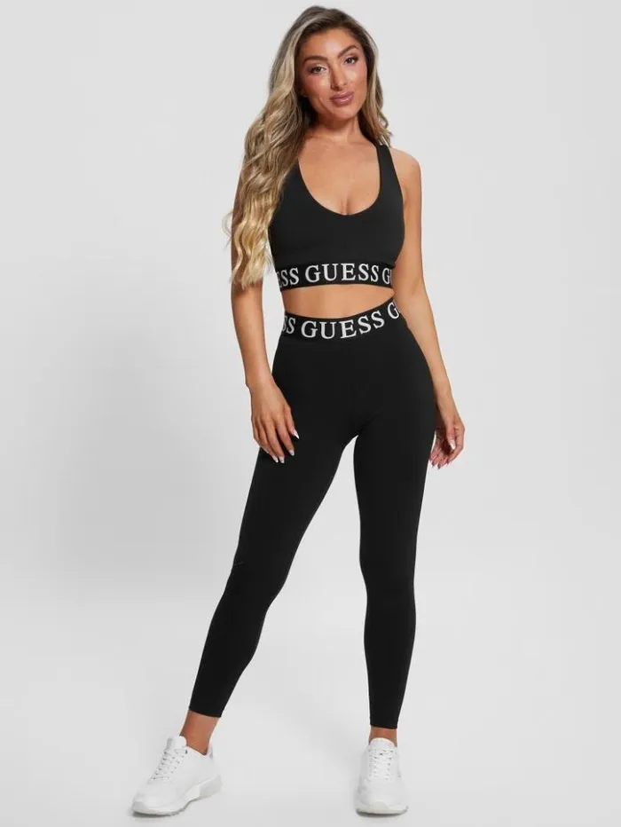 Women GUESS Tops Kiran Monogram Tape Active Crop Top Black
