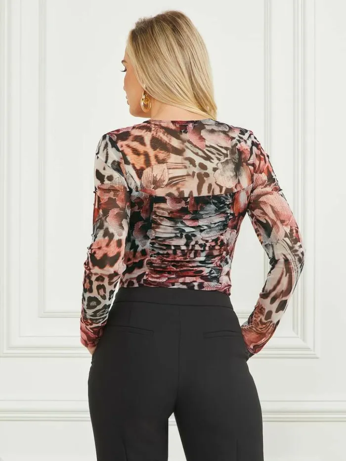 Women GUESS Tops Leopard Rose Mesh Top Leopard Rose Print