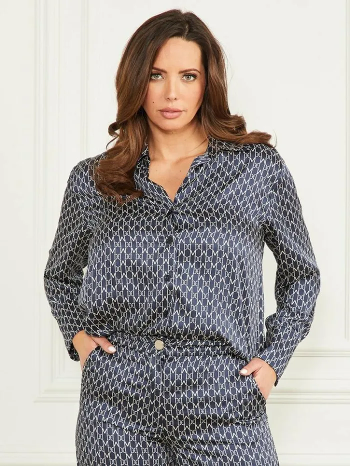 Women GUESS Tops Lisa Monogramed Shirt New Monogram Secret Blue