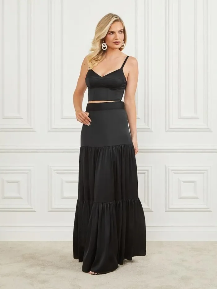 Women GUESS Tops Lola Satin Corset Crop Top Black