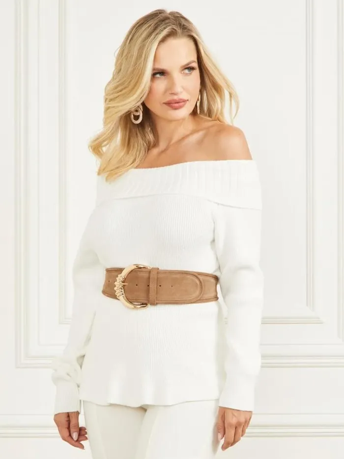 Women GUESS Tops Marisol Sweater Top Pale Pearl