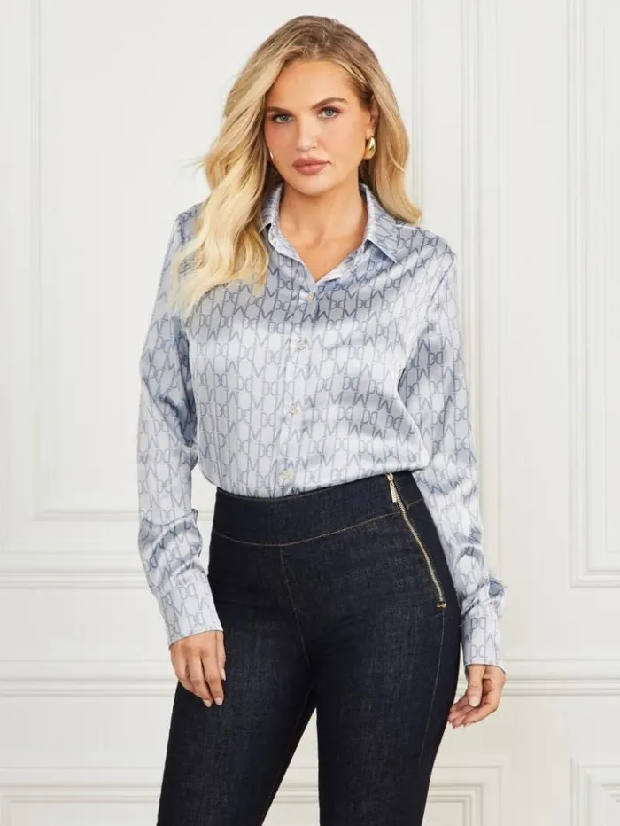 Women GUESS Tops Melissa Printed Blouse Monogram Dust Light Blue