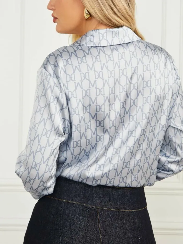 Women GUESS Tops Melissa Printed Blouse Monogram Dust Light Blue