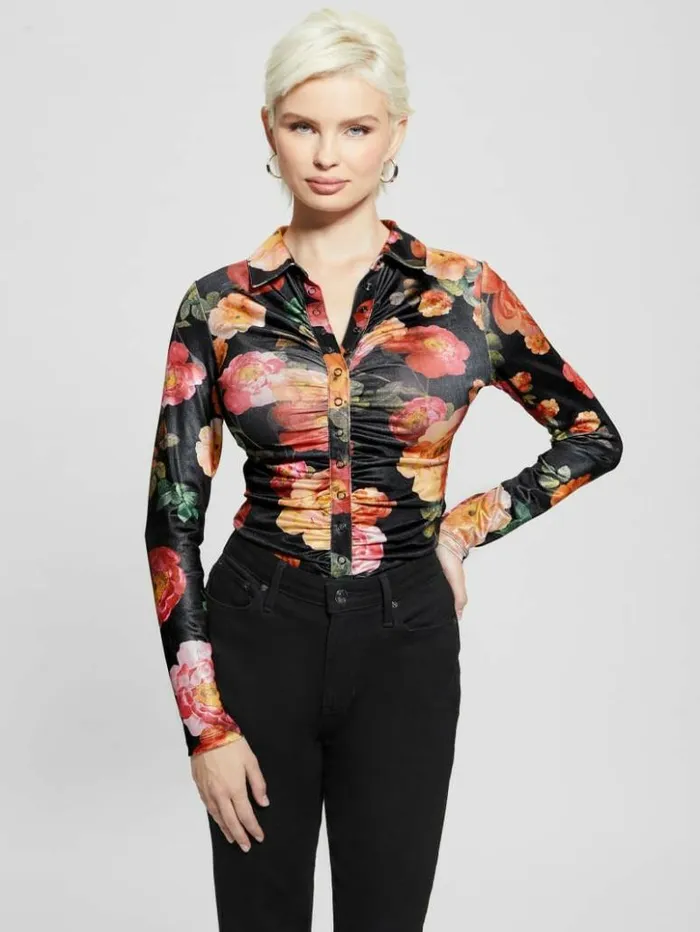 Women GUESS Tops Milana Shirred Printed Blouse Peony Charm Print Black
