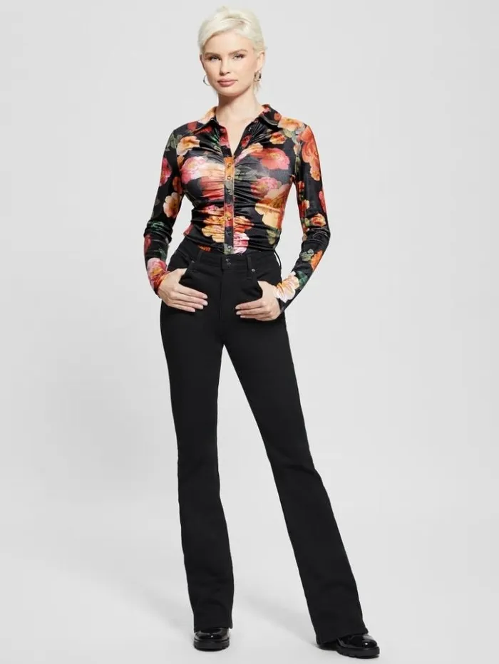 Women GUESS Tops Milana Shirred Printed Blouse Peony Charm Print Black