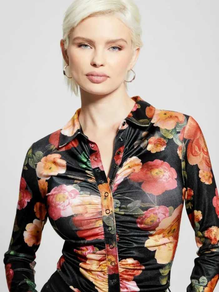 Women GUESS Tops Milana Shirred Printed Blouse Peony Charm Print Black