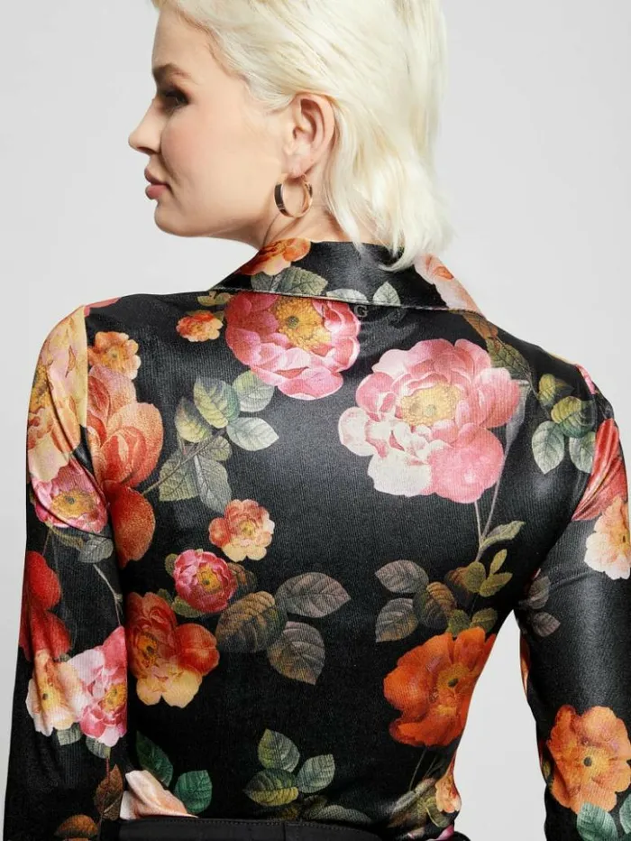 Women GUESS Tops Milana Shirred Printed Blouse Peony Charm Print Black