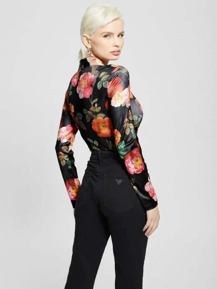 Women GUESS Tops Milana Shirred Printed Blouse Peony Charm Print Black