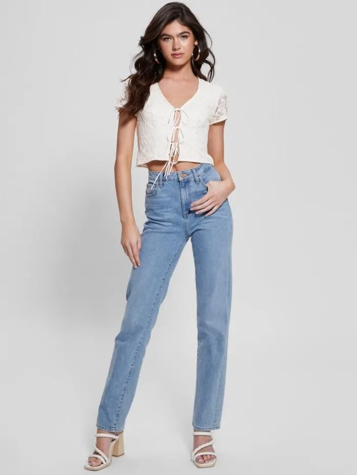 Women GUESS Tops Nia LaceUp Top Cream White