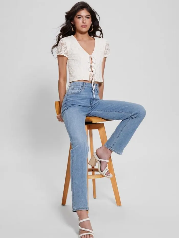 Women GUESS Tops Nia LaceUp Top Cream White