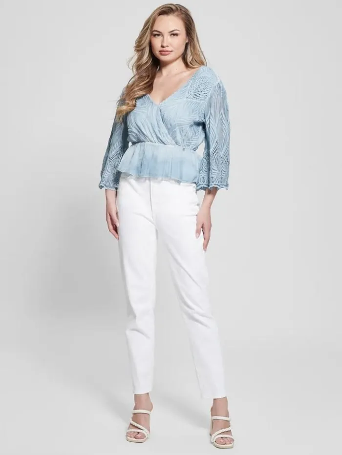 Women GUESS Tops Pam Embroidered Top Vanish Blue Jeans Multi