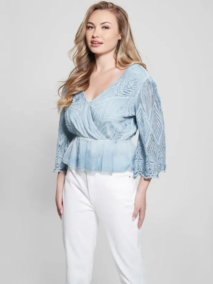 Women GUESS Tops Pam Embroidered Top Vanish Blue Jeans Multi