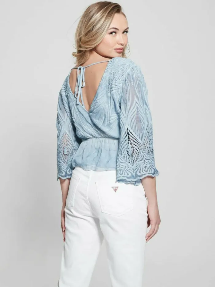 Women GUESS Tops Pam Embroidered Top Vanish Blue Jeans Multi