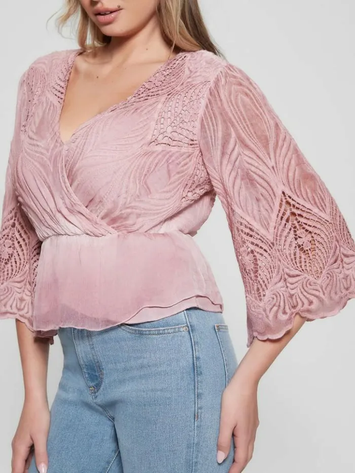 Women GUESS Tops Pam Embroidered Top Vintage Blush Multi