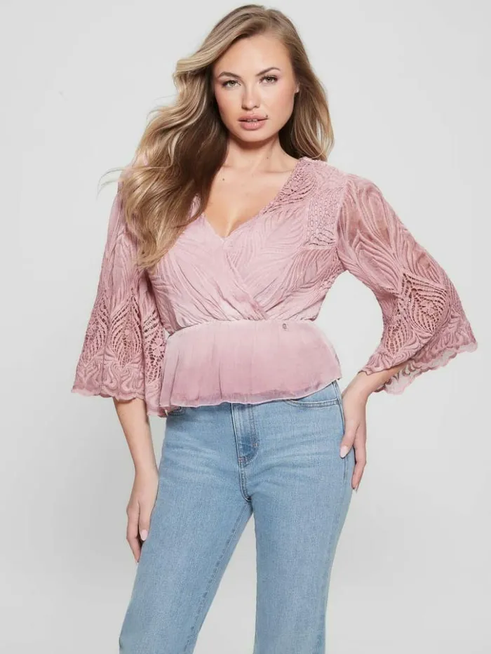 Women GUESS Tops Pam Embroidered Top Vintage Blush Multi