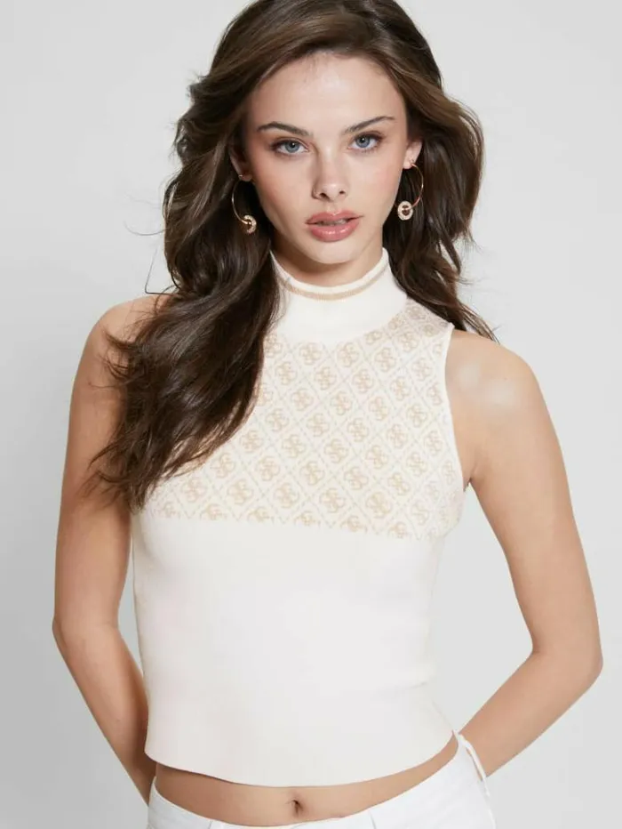 Women GUESS Tops Quattro G Logo Turtleneck Top Irish And Cream Combo