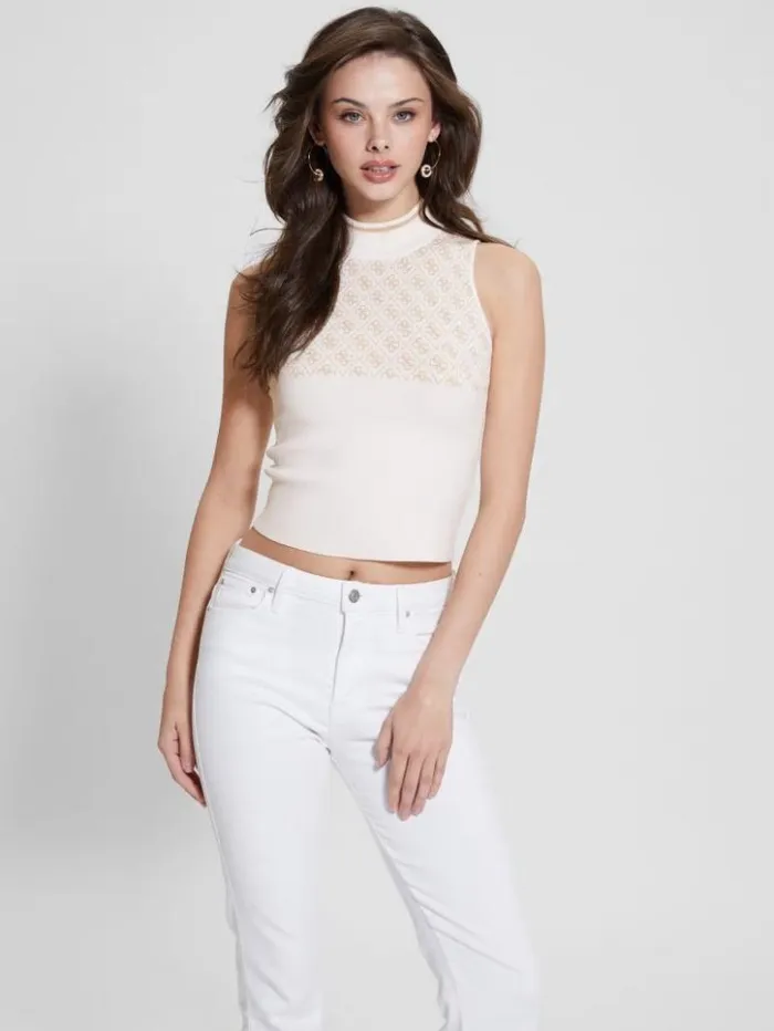 Women GUESS Tops Quattro G Logo Turtleneck Top Irish And Cream Combo