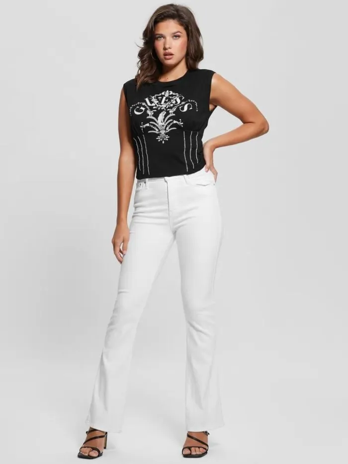 Women GUESS Tops Queen Graphic Corset Tee Black