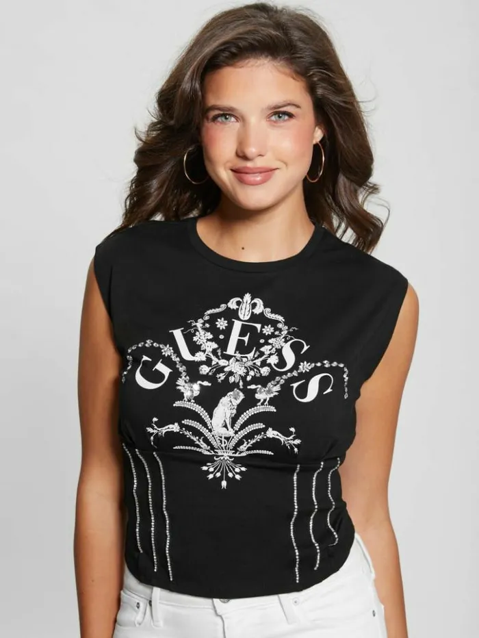 Women GUESS Tops Queen Graphic Corset Tee Black