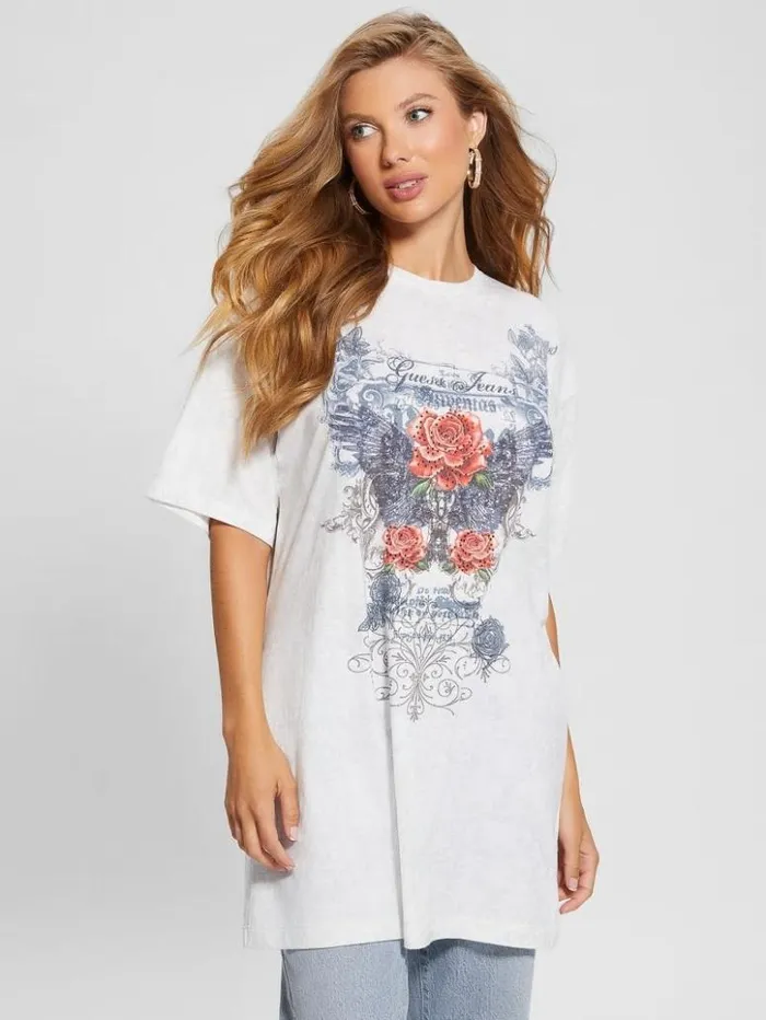 Women GUESS Tops Rose Wings Oversized Graphic Tee Pure White Multi