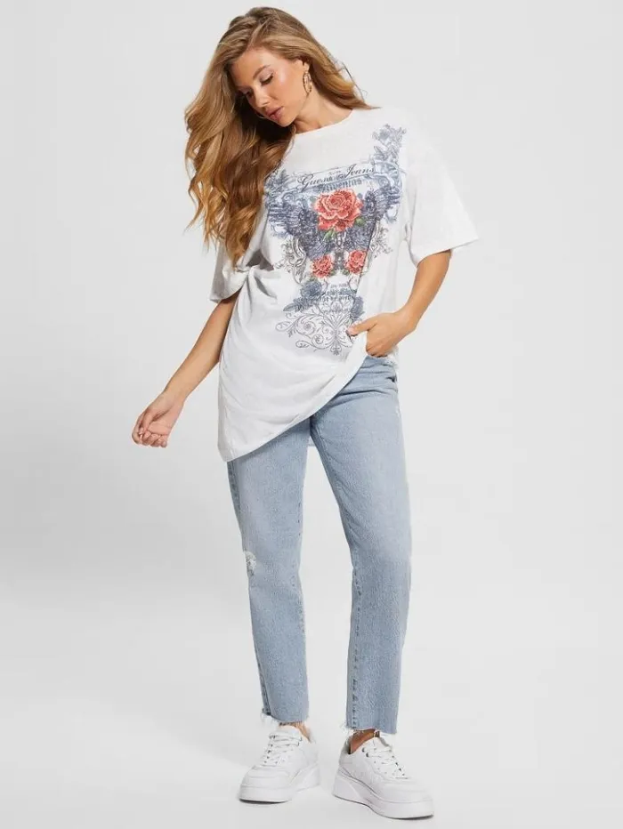 Women GUESS Tops Rose Wings Oversized Graphic Tee Pure White Multi