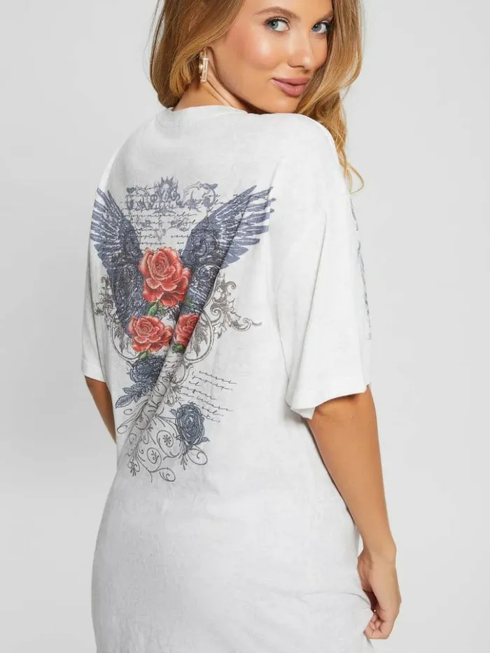 Women GUESS Tops Rose Wings Oversized Graphic Tee Pure White Multi