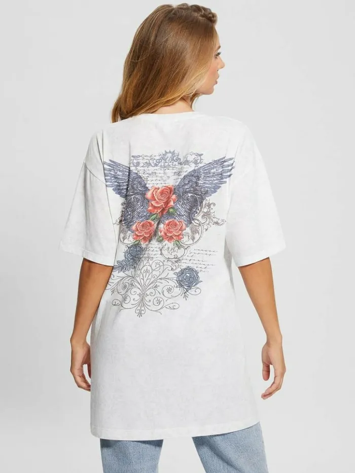 Women GUESS Tops Rose Wings Oversized Graphic Tee Pure White Multi