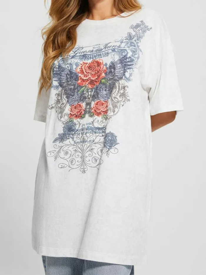 Women GUESS Tops Rose Wings Oversized Graphic Tee Pure White Multi