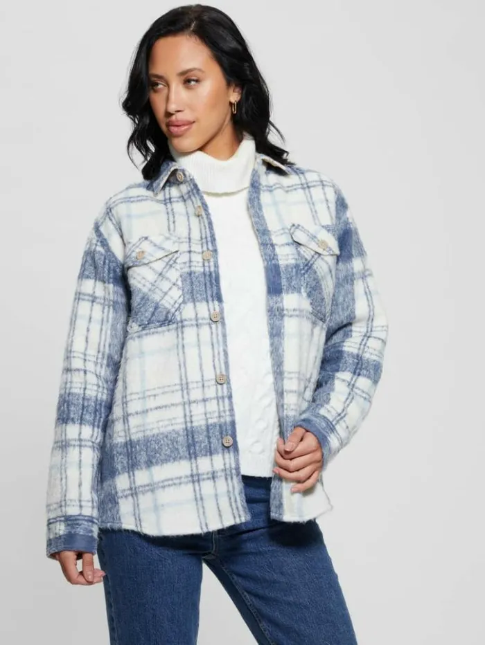 Women GUESS Tops Sierra Plaid Overshirt Mojave Stone Multi