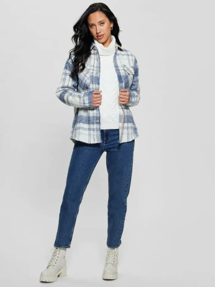 Women GUESS Tops Sierra Plaid Overshirt Mojave Stone Multi