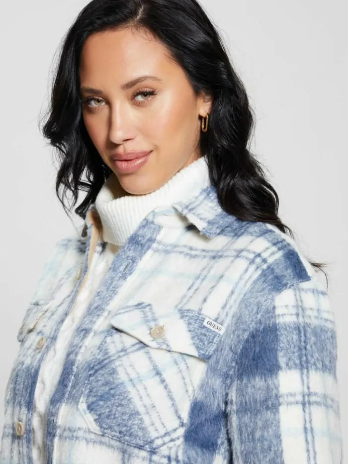 Women GUESS Tops Sierra Plaid Overshirt Mojave Stone Multi