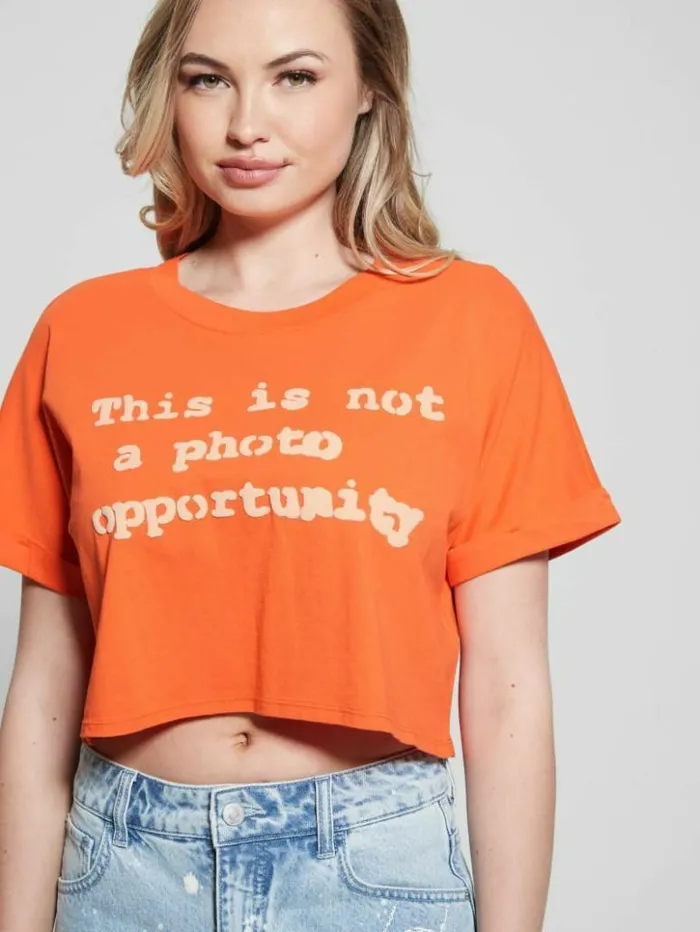 Women GUESS Tops Slogan Crop Tee Orange Slushie