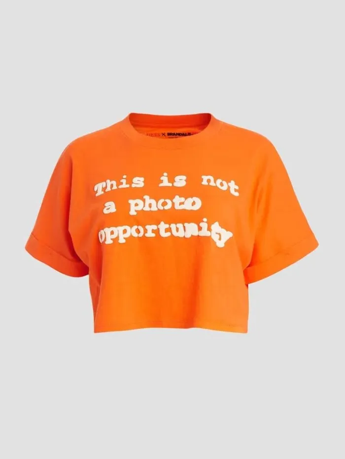 Women GUESS Tops Slogan Crop Tee Orange Slushie