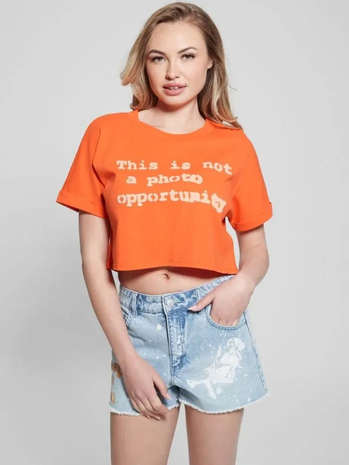 Women GUESS Tops Slogan Crop Tee Orange Slushie