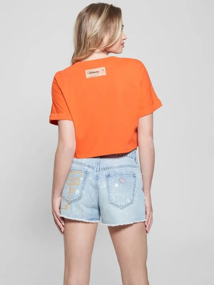 Women GUESS Tops Slogan Crop Tee Orange Slushie