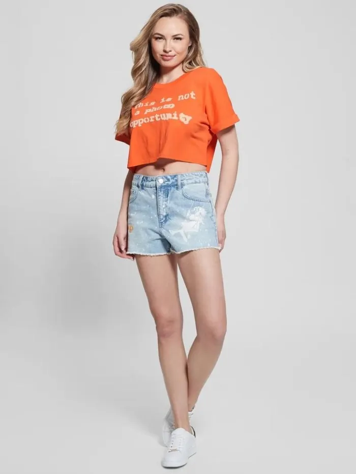 Women GUESS Tops Slogan Crop Tee Orange Slushie