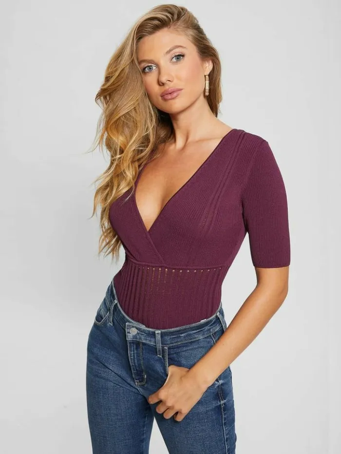 Women GUESS Tops Soft Bandage VNeck Top Black Cherry