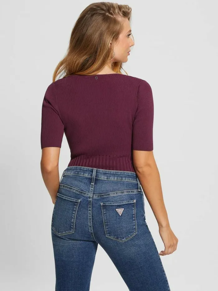 Women GUESS Tops Soft Bandage VNeck Top Black Cherry