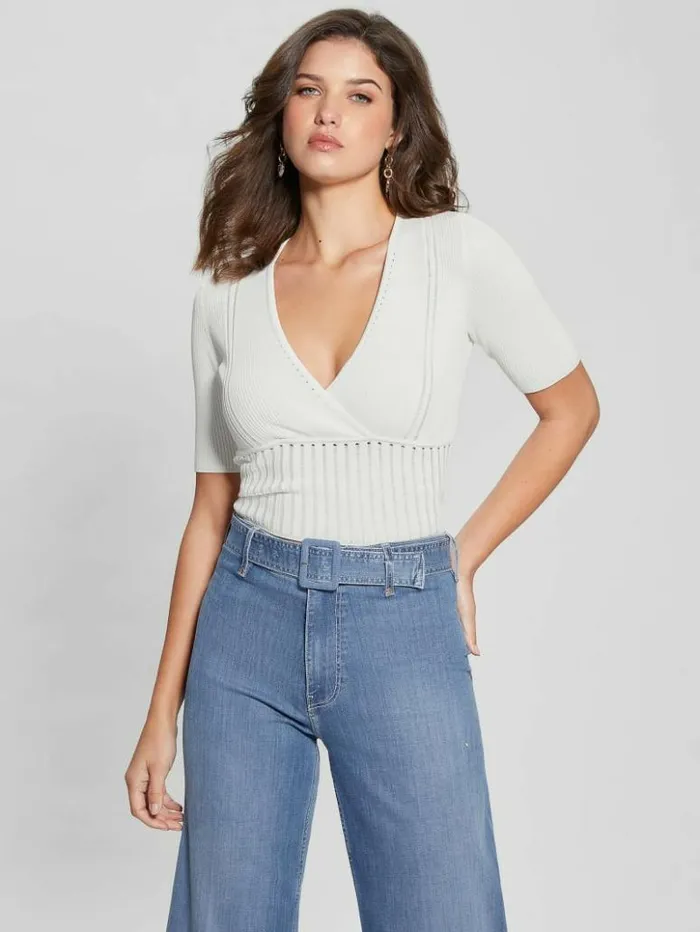 Women GUESS Tops Soft Bandage VNeck Top Cream White